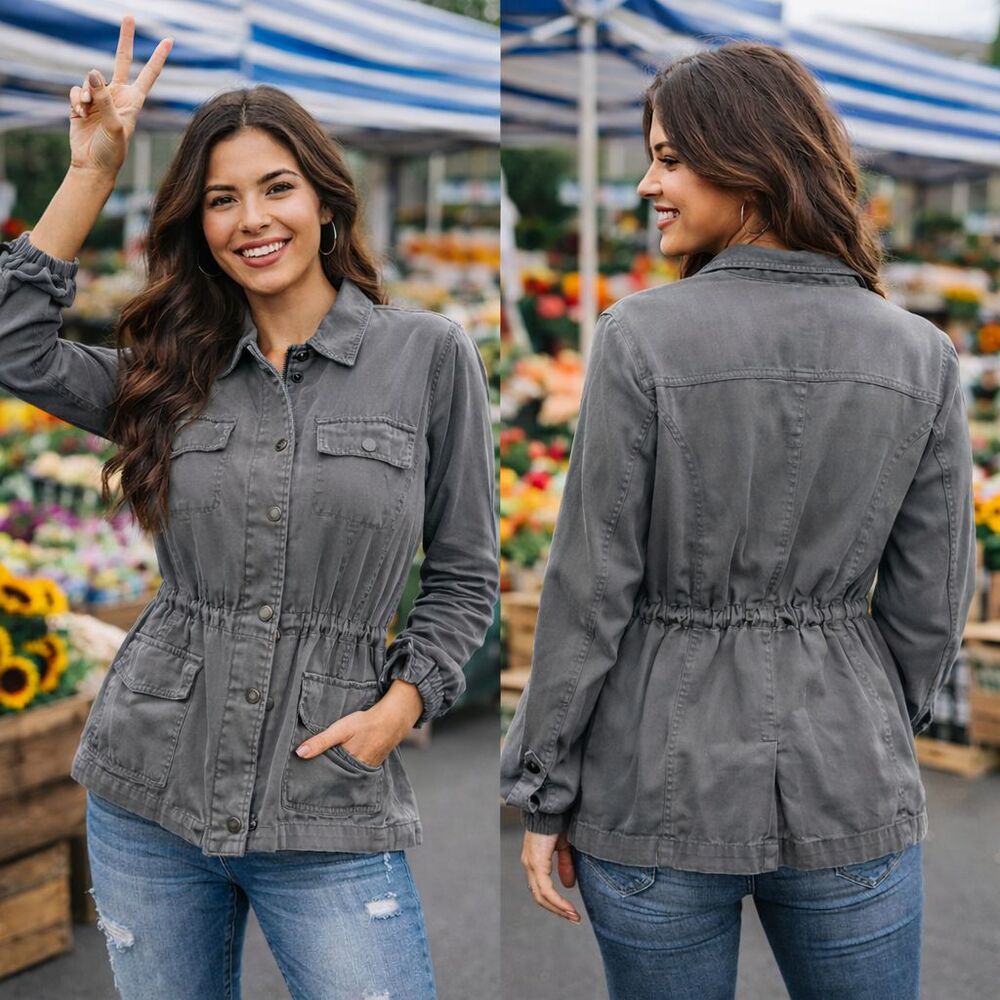BKE Utility Jacket Women‎ Medium Gray Zip Snap Drawstring Waist Long Sleeve
